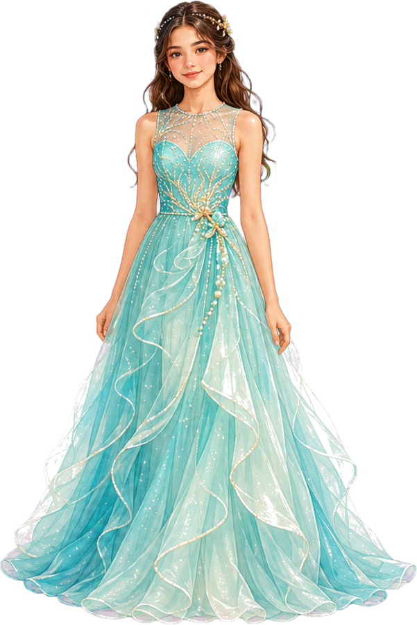Joven con vestido largo de gala en tonos turquesa